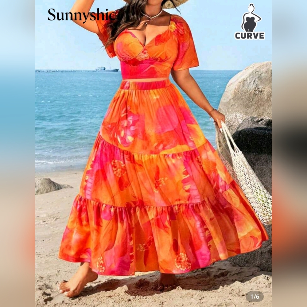 SHEIN Orange and Pink Tiered Maxi Sundress